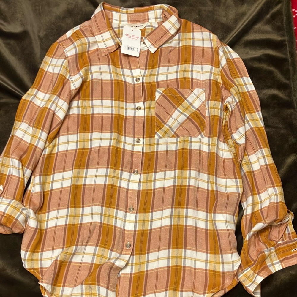NWT Lucky Brand Orange Button Down Shirt w/roll up sleeve sz small